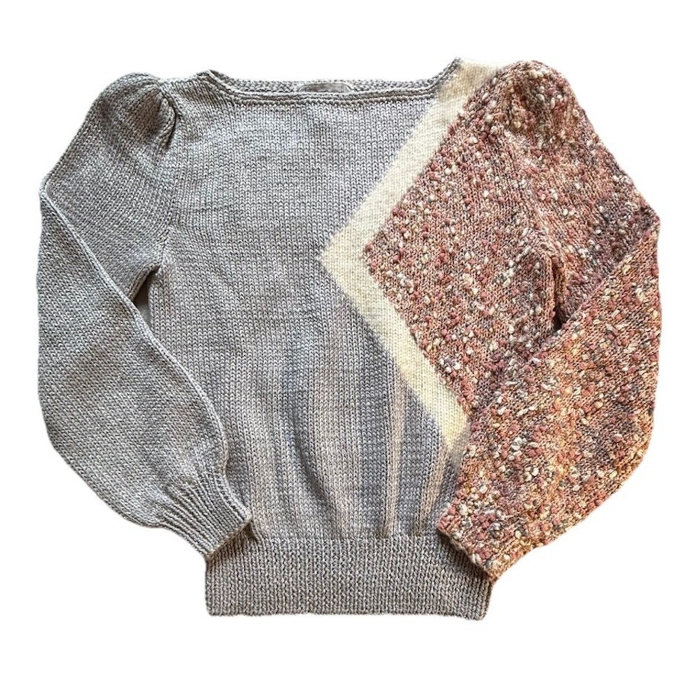 Nannell Vtg Puff Sleeve Grey Pink Angora Wool Open Knit Sweater M Color Block